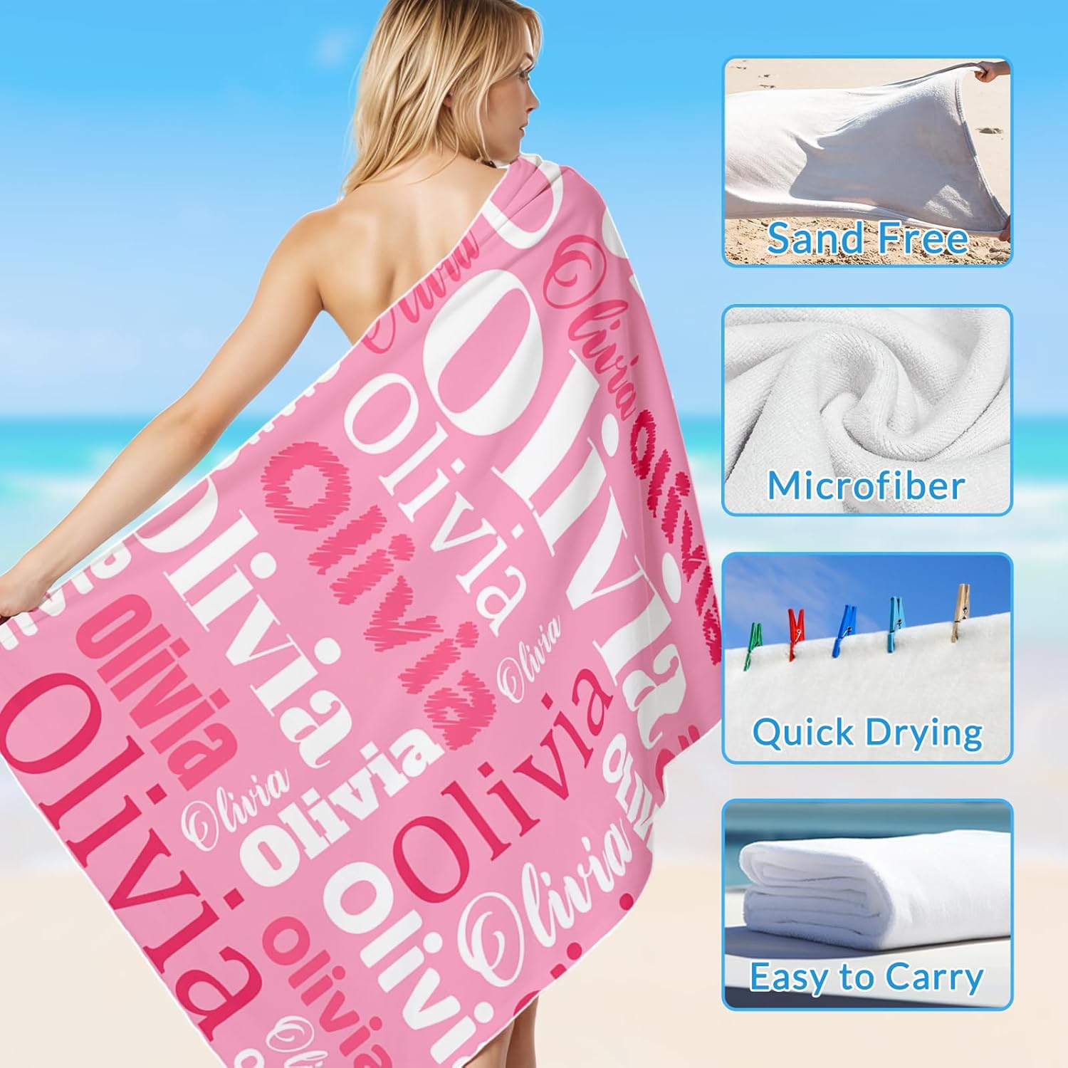 Personalized Beach Towels with Name - Custom Quick-Dry Microfiber Beach Pool Towel - Personalize with Your Name - 40x70 Inch Oversized
