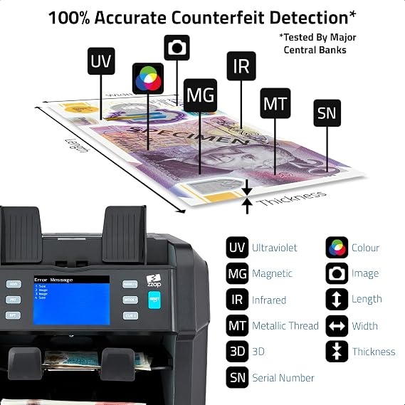 ZZap NC70 Mixed Denomination Banknote Counter/Counterfeit Detector/2 Pocket Sorter - Money Cash Currency Value Machine