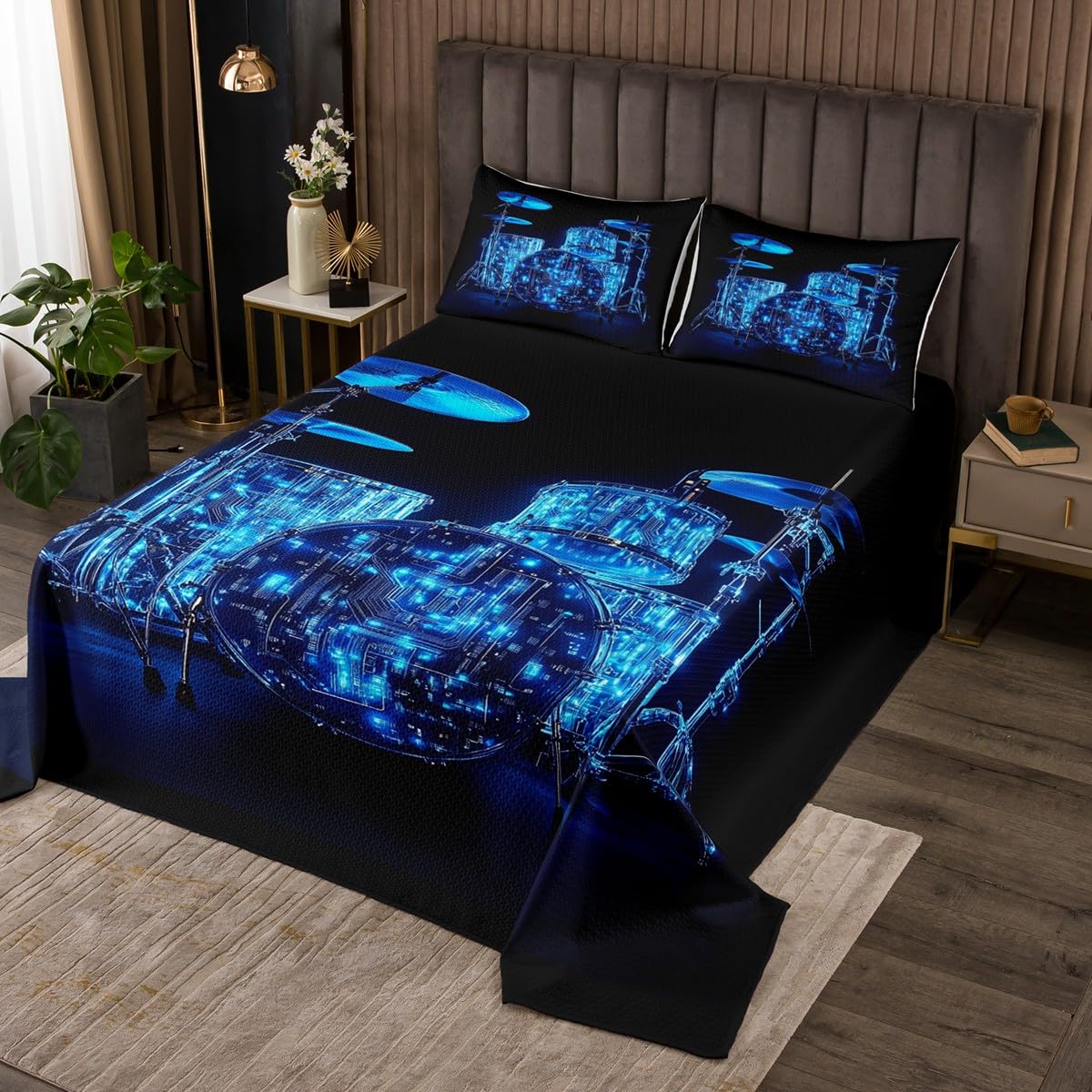 Homewish Couvre-Lit 170x230 Kit de Tambour,Dessus de Lit Instruments de Musique Rock,Couverture de Lit Kit de Tambour de Lumière Bleue,Jetés de Lit Garçons Filles Musique Pop 1 Taie d'oreiller 51x75cm
