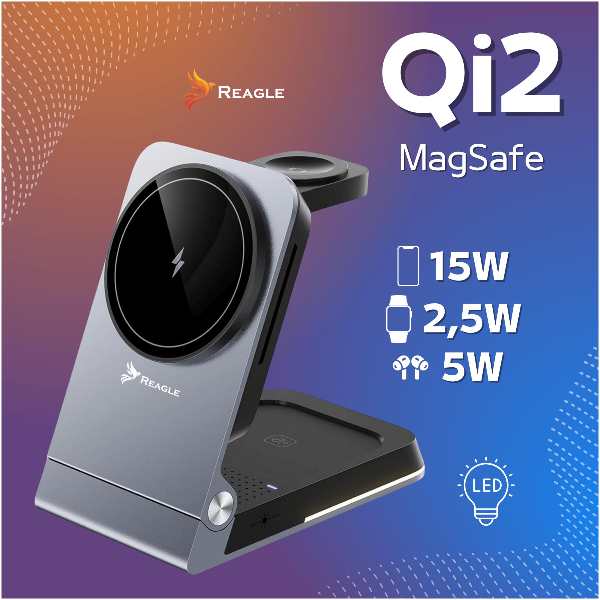 Reagle Station de Charge sans Fil Qi2 3-en-1 15 W, Chargeur Magnétique Pliable, Compatible avec iPhone 17/16/15/14/13/12, Apple Watch, AirPods, Pixel, Veilleuse, USB-C, Graphite