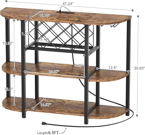 Vista 3 de Unikito Mesa de estante para vino con enchufe y luz LED, gabinete de barra de piso para licor y vasos, mesa de bar de café de madera con estante