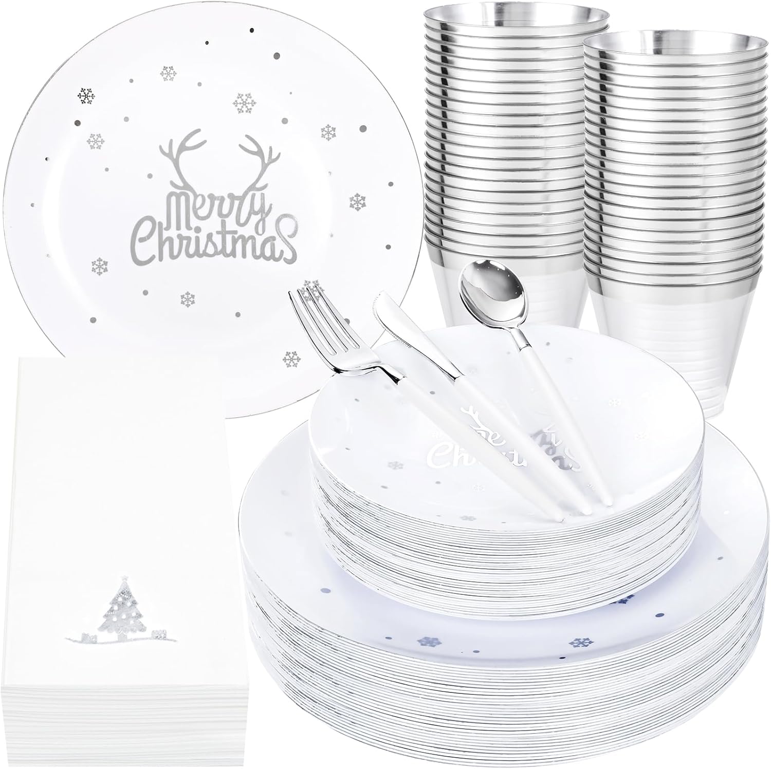 Nervure 175PCS Christmas Plastic Plates - Red and Gold Disposable Plates & Gold Plastic Silverware with Red Handle include 50 Plates 25Knives 25Forks 25Spoons 25Napkins for Christmas Party