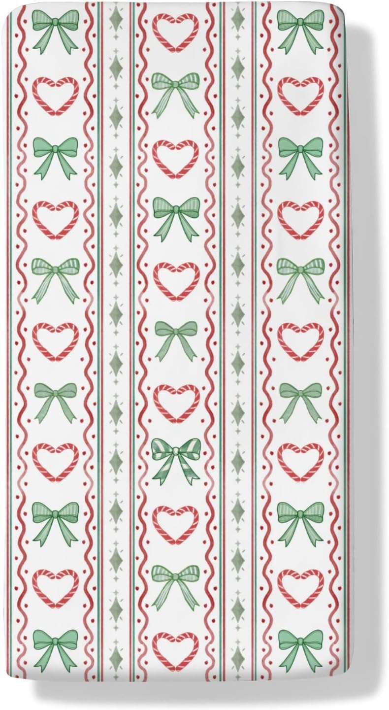 Red Green Christmas Candy Cane Bows Striped Baby Crib Sheets Cute Christmas Candy Cane Love Hearts Baby Sheets Winter Festive Holiday Fitted Crib Mattress Cover for Standard Mattress 28x52in
