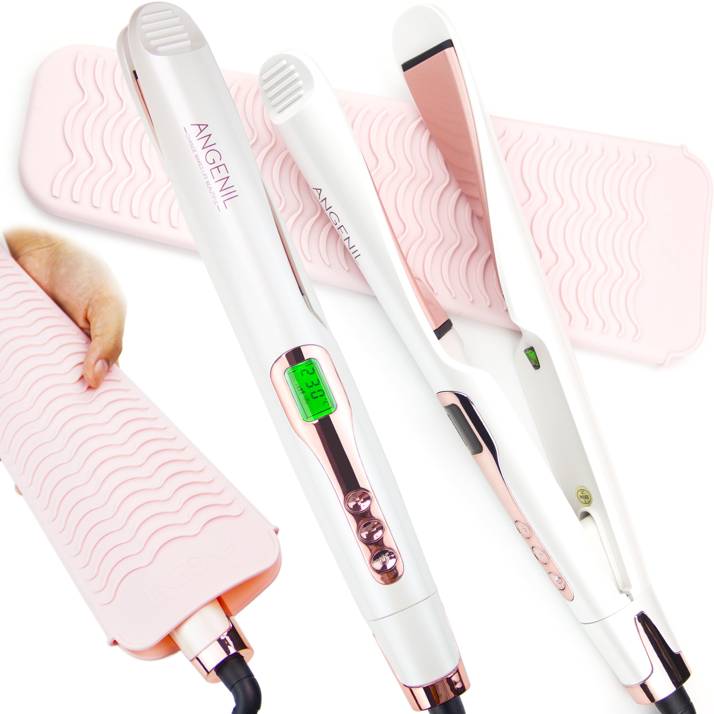 ANGENIL Pro Tourmaline Ceramic Twist Hair Straightener, Dual Voltage Flat Iron Curling Iron in One, Round Flat Iron with Silicone Heat Resistant Mat, LCD Display, 11 Adjustable Temp, 20S Fast Heating