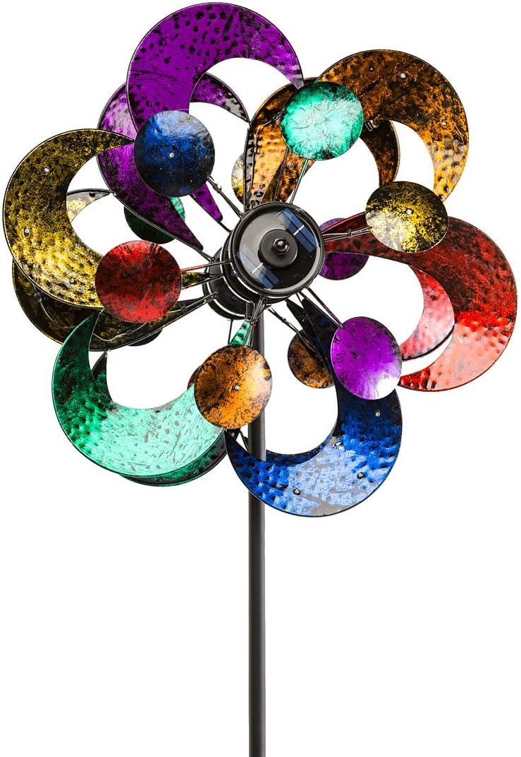 Plow & Hearth Solar Gala Wind Spinner - Enchanting 7ft Multicolor 4-Blade Wind Art | 24"x20.75"x84" | Integrated Solar Panels | LED Lights | Mesmerizing Garden Display