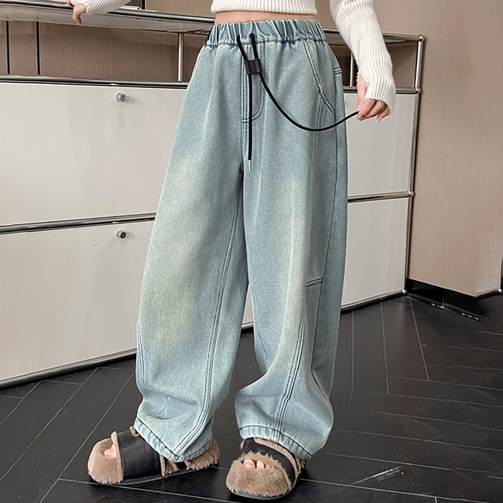 Jean Fille 5-14 Ans Large Droit Taille Haute Élastique - Broderie Coeur, Pantalon Ample Streetwear