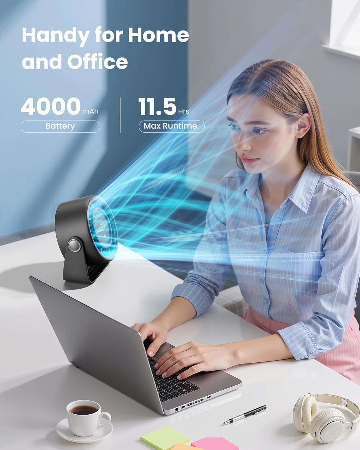 Gaiatop Small Desk Fan Rechargeable, Quiet Personal Table Fan, Touch Control Display, 360° Tilt, 5-Speed Strong Wind, 4000mAh Battery, Small Fans for Bedroom Dorm Office, Gifts for Women Men, Black - Image 3