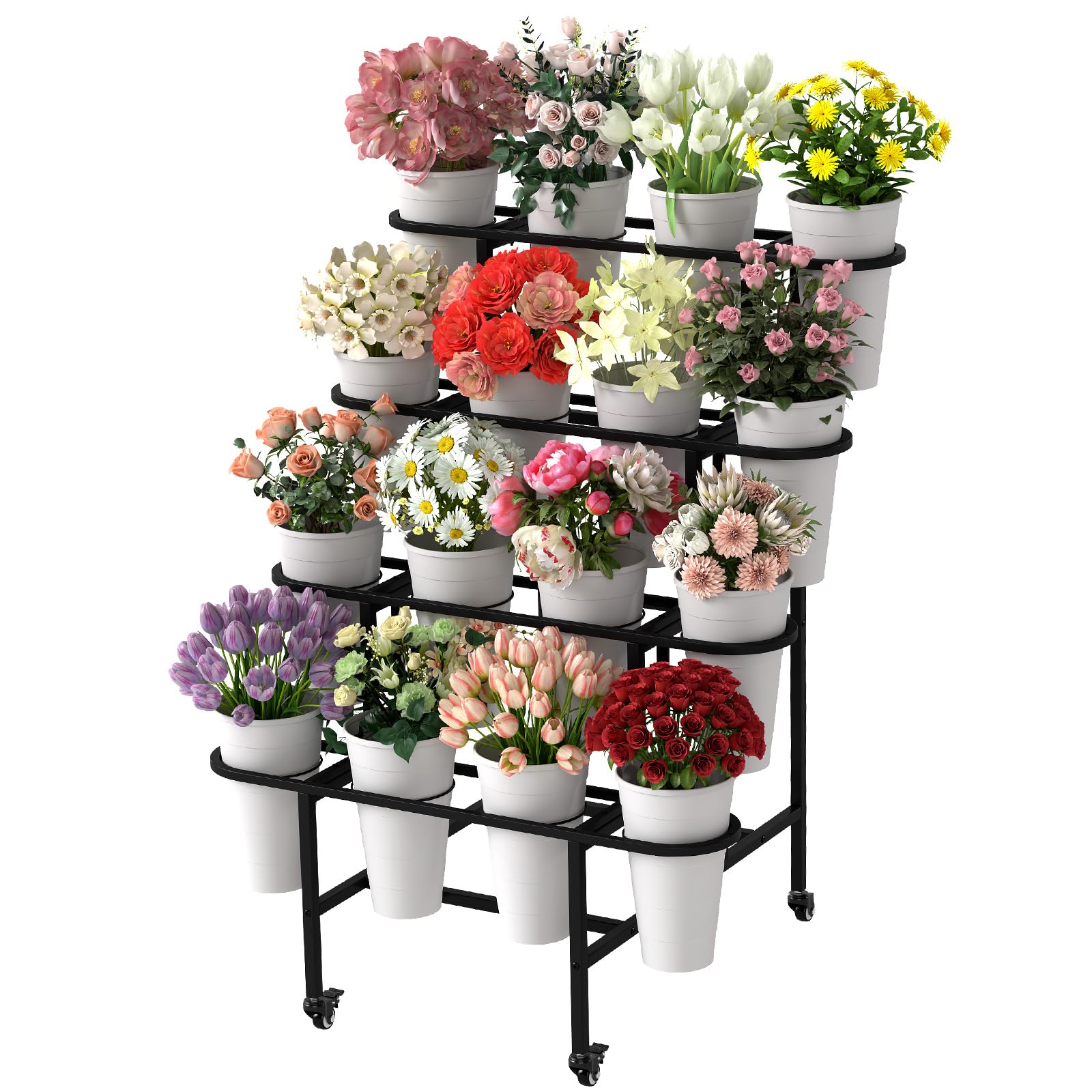 uyoyous Support de Plantes à 4 Étages, Support pour Plantes en Métal Étagère à Fleurs d'Intérieur et d'Extérieur avec Roulettes pour Balcon, Jardin, Salon, Ne comprend pas les 16 pots de fleurs, Noir