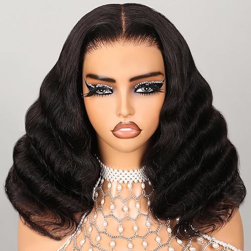 6X5 Bob Wig Human Hair Wear and Go Glueless Wigs Human Hair 210% Density Loose Curly Bob Wig Lace Front Wig Human Hair Pre-Cut Lace Wigs Pre Bleached Tiny Knots (14inch, 5x6 LC Glueless Bob)