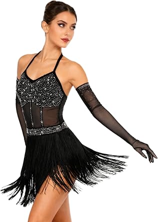 Women Latin Dance Costume Rhinestones Tassel Leotard Long Gloves Set Tassel Jazz Dancing Costume