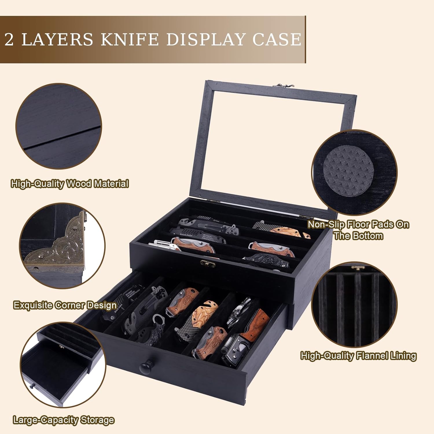 Knife Display Case,Pocket Knife Display Case with 2 Layers holds 24 folding knives,Knife Cases for Collections with Acrylic Cover,Suitable for Military Folding Knives,Twin Knives,Velvet Knives