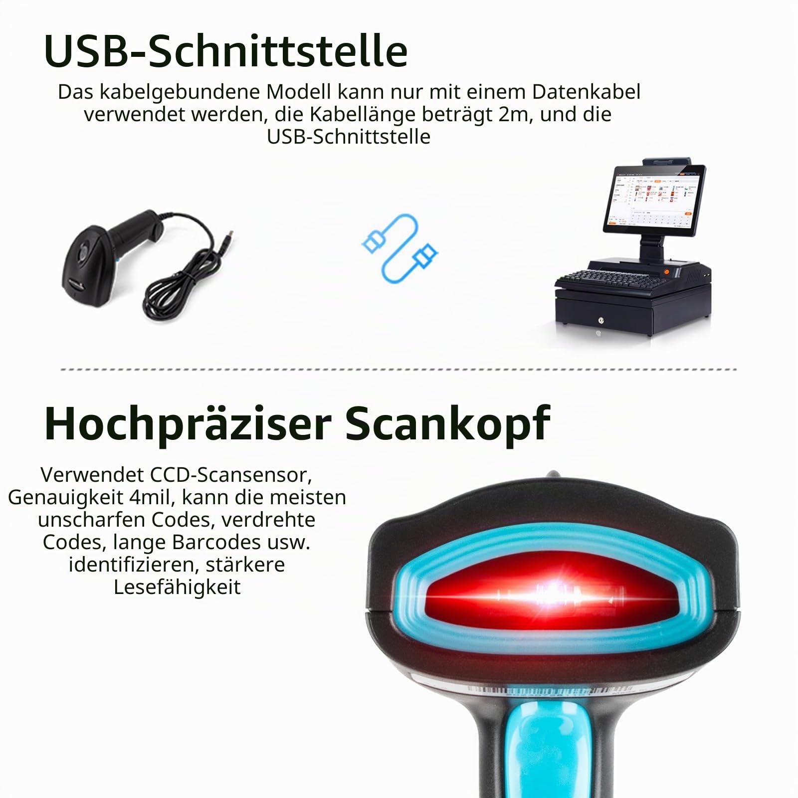 Barcode Scanner USB Kabelgebunden 1D CCD Handscanner mit Bildschirm-Scan, Plug & Play Barcodeleser für PC, Kasse, Supermarkt, Lager und Einzelhandel-U1