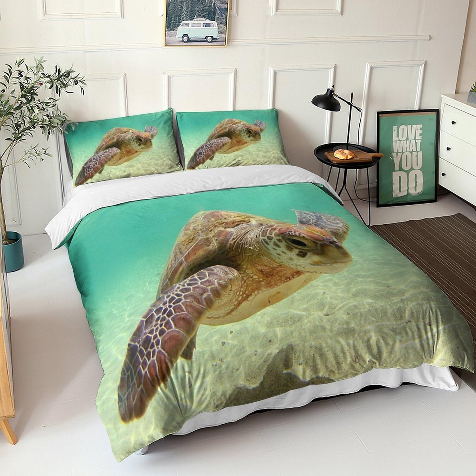 Housse de couette tortue de mer parure de lit 3 pièces microfibre 3D avec taies d'oreiller
