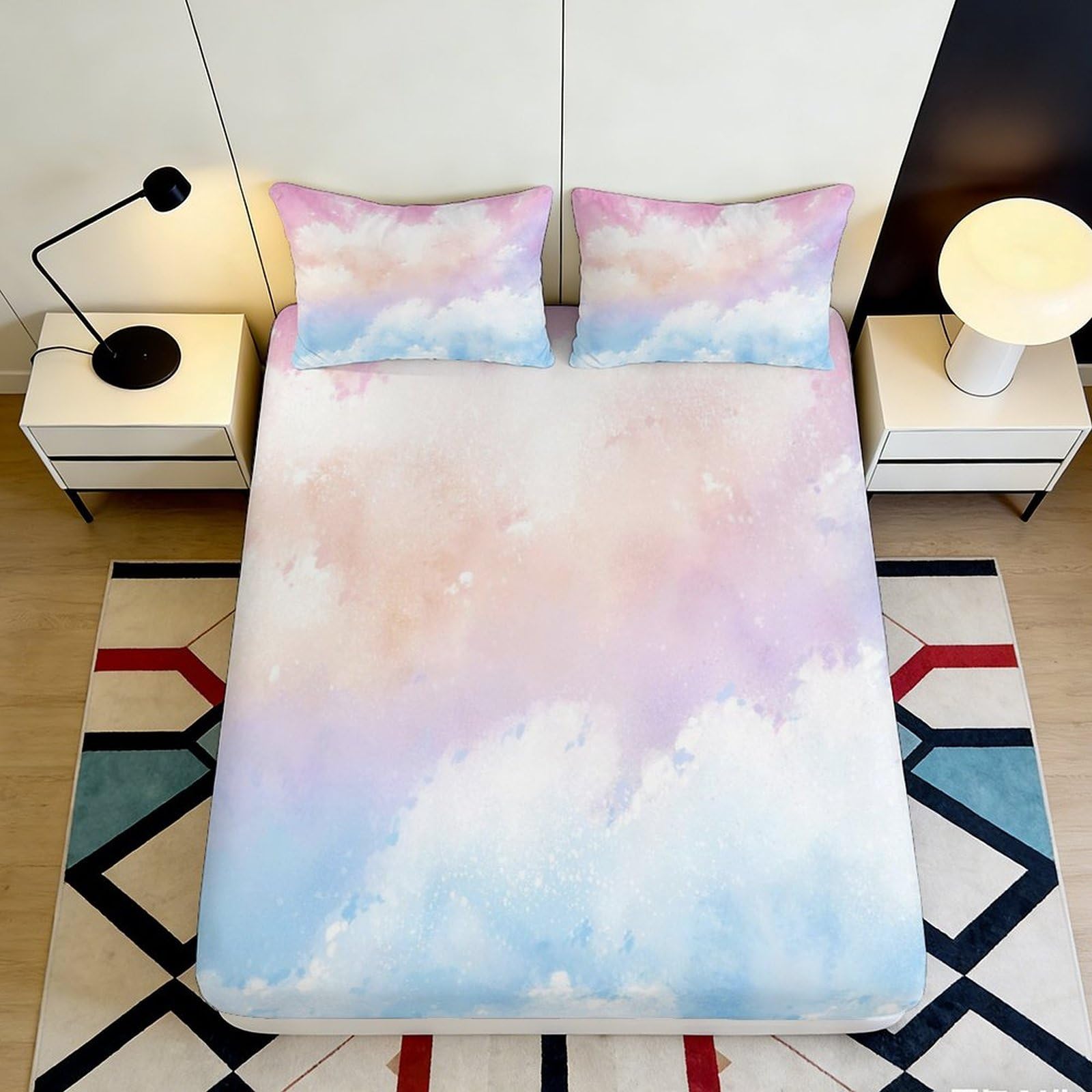 3D Printed Pastel Clouds Fitted Sheet Microfiber Soft Breathable Watercolor Sky Bed Cover for Bedroom Dormitory Guest Room Mattress Protection Decor 120x200x25cm