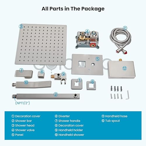 Miniatura 7 de gotonovo Juego de grifo de ducha mezclador de lluvia con boquilla de bañera de cascada, níquel cepillado, cabezal de ducha cuadrado de 10 pulgadas