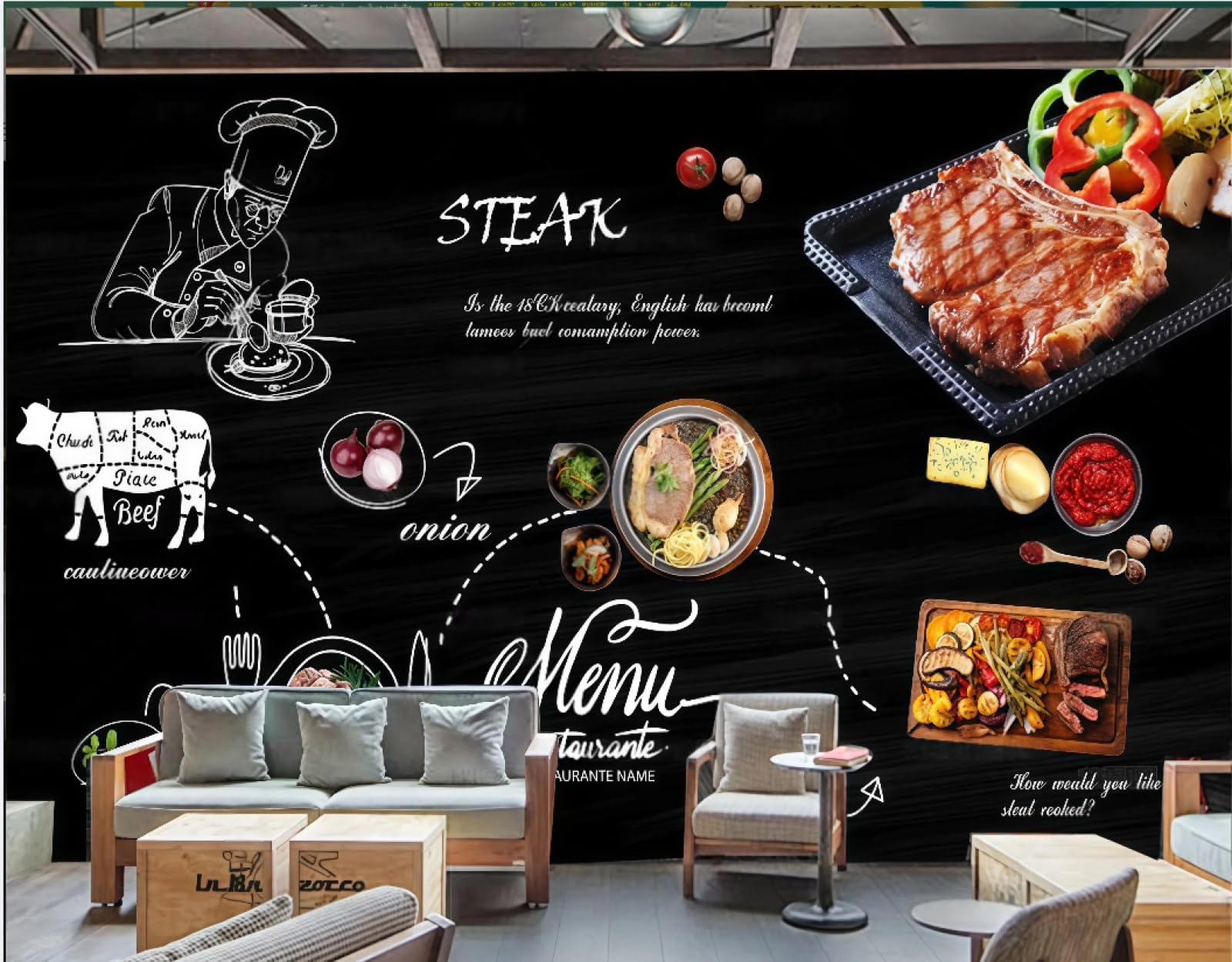 XDOUBAO Wallpaper Fashion Black Hand Painted Delicious Steakhouse Dessert Snacks Afternoon Tea Western Restaurant Background Wallpaper Coffee Shop Mural,3D,200x140cm