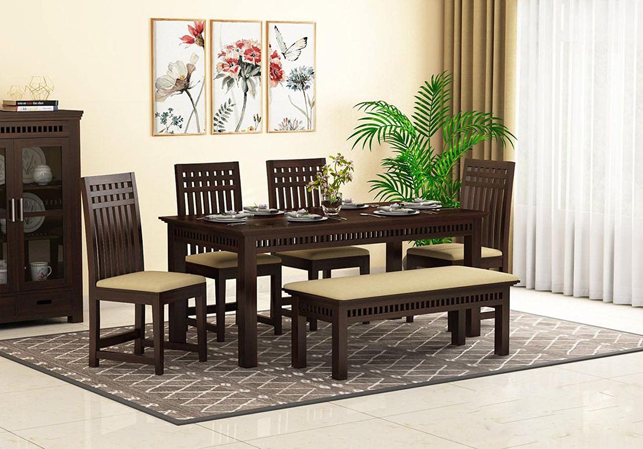 Krishna Wood Decor Dining Table 6 Seater with Chairs | Dining Table Sets | 6 Seater Dining Table Wooden | with 4 Chairs 1 Bench | Dining Room Set Furniture Sheesham Wood | Walnut Finish