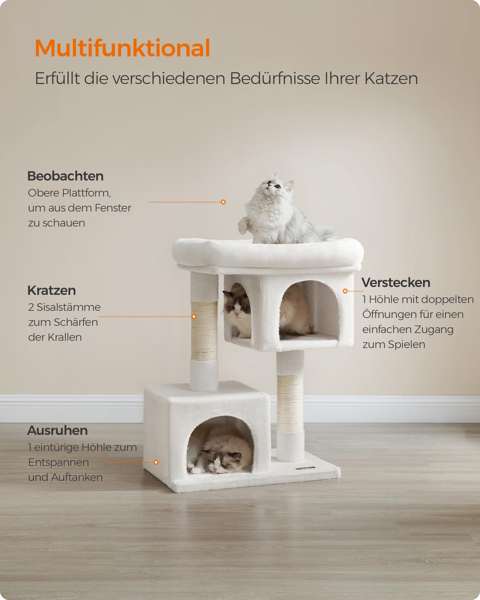Feandrea Kratzbaum, 84 cm Katzenbaum, L, Katzenhaus fr groe Katzen bis zu  7 kg, groe Plattform, 2 Katzenhhlen, Sisalstmme, cremewei PCT061T01 :  Amazon.de: Haustier