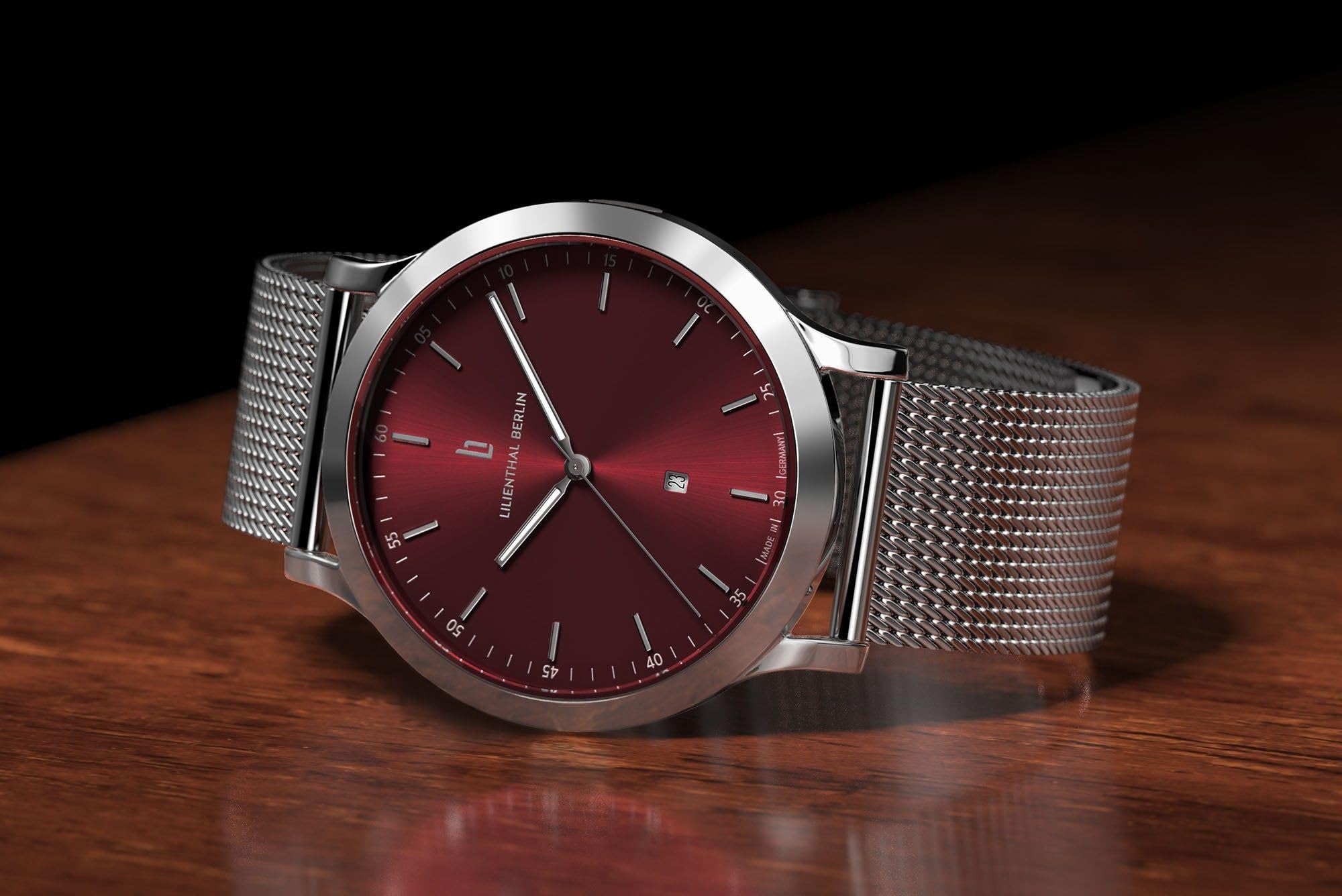 Lilienthal Berlin Orologio da uomo Huxley in Argento/Bordeaux - Orologio da polso in acciaio chirurgico 316L con movimento al quarzo e vetro minerale temperato zaffiro - 40 mm