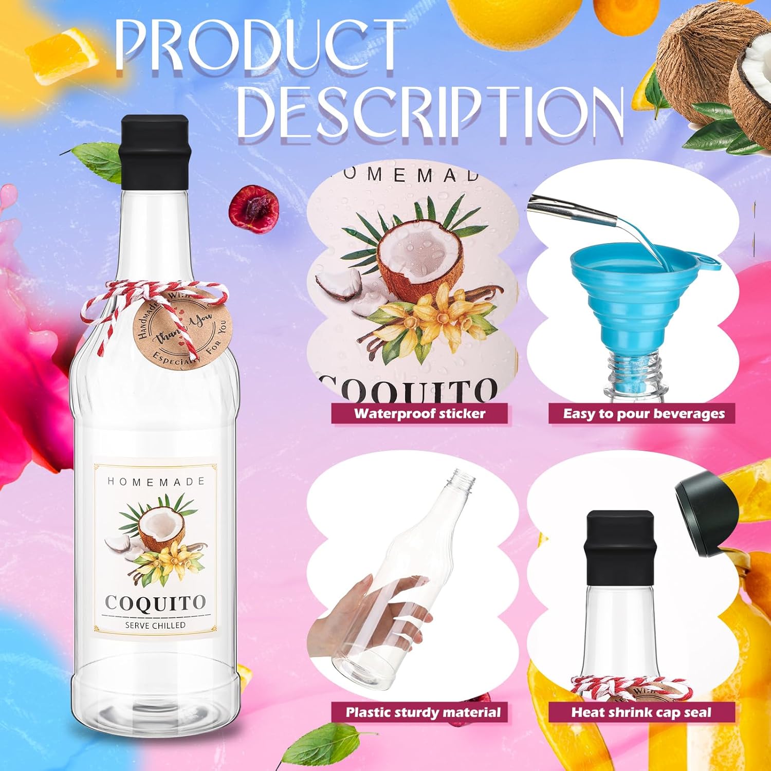 Baderke 12 Set Plastic Coquito Bottles 32 oz Plastic Clear Wine Bottles with Caps and Tags for Home Brewing Wedding Party Favors (Black) - Image 4