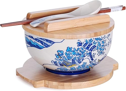 Miniatura 7 de Happy Sales HSKM-RDCAT6 - Tazón de fideos de arroz Kamameshi japonés estilo vintage con tapa de bambú, palillos salvamanteles y cuchara de