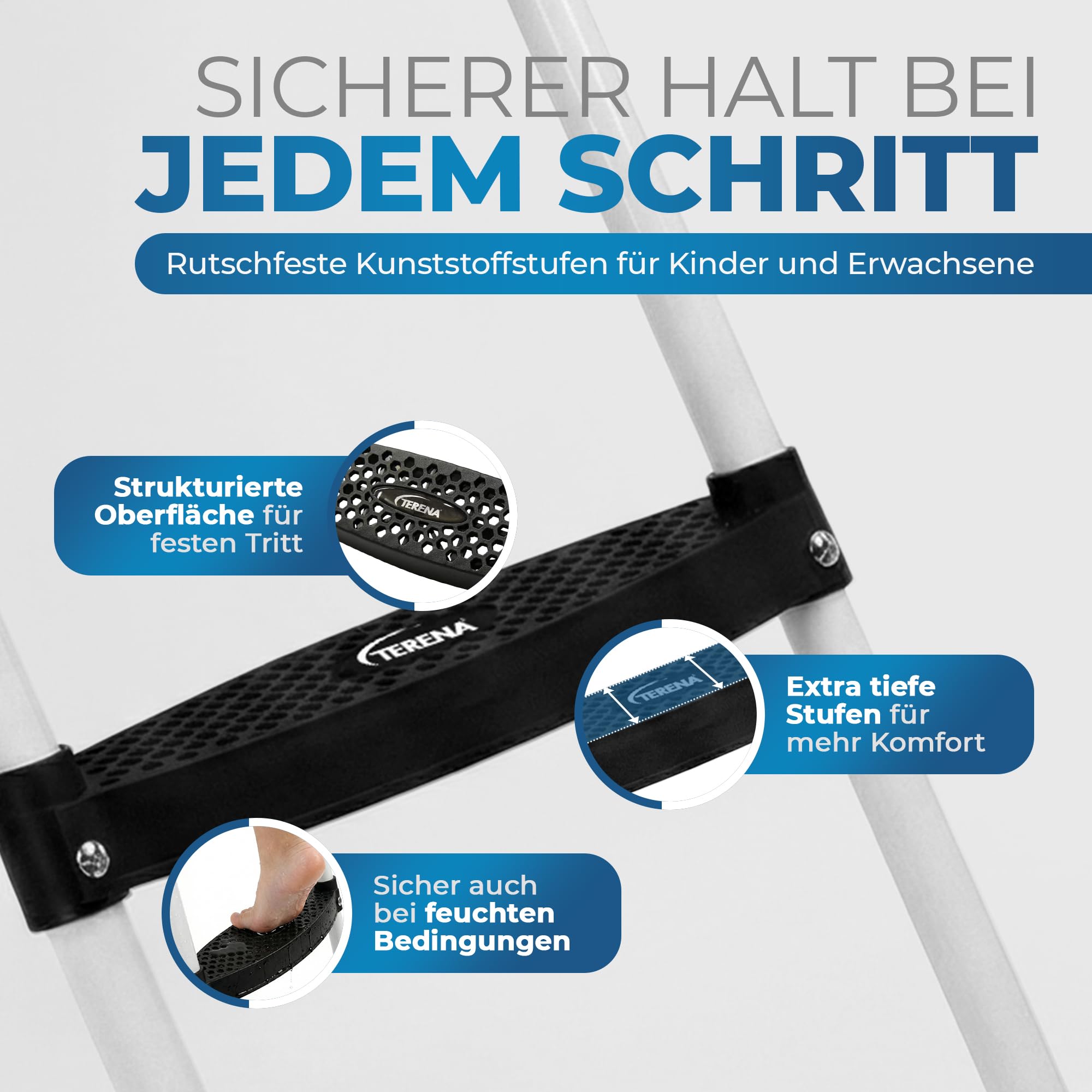 Terena Trampolinleiter 97 cm – Trampolinleiter mit Kunststoffstufen – Stabile Leiter für Trampoline – Wetterfeste Trampolin Leiter zum Einhängen – Rutschfeste Trampolin Treppe für Kinder & Erwachsene