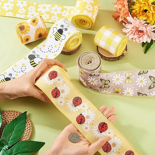Miniatura 6 de KISSITTY 6 rollos de cintas de abeja para manualidades, con borde con cable, mariposa, girasol, mariquita, abeja, cinta decorativa para lazos para
