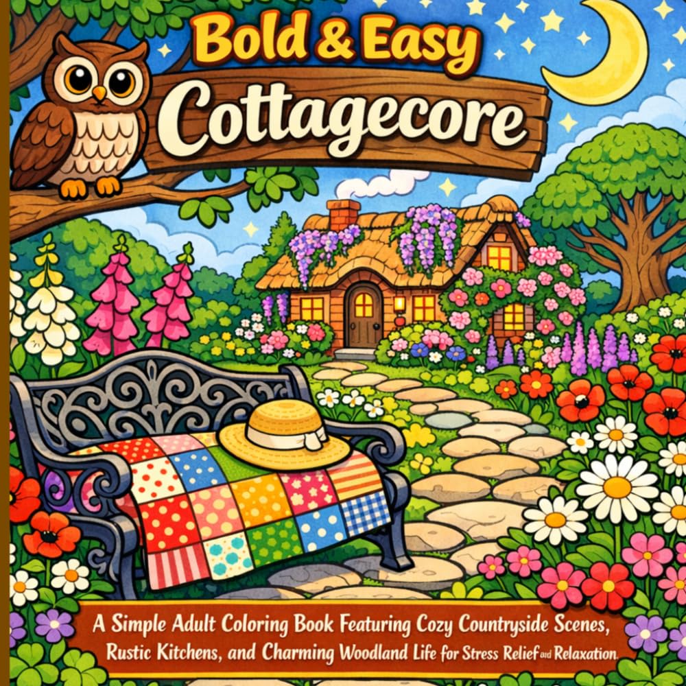 Bold & Easy Cottagecore: A Simple Adult Coloring Book Featuring Cozy Countryside Scenes, Rustic Kitchens, and Charming Woodland Life for Stress Relief and Relaxation