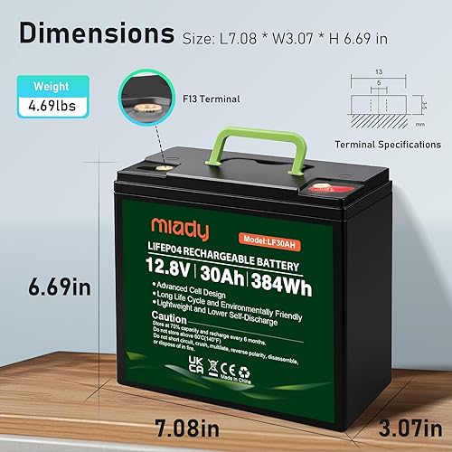 Miniatura 2 de Miady 12V 30Ah Lithium LiFePO4 Battery, Deep Cycle 3000+ Rechargeable Battery For Small UPS, Fish Finder, Power Wheels, Scooters, Solar-Power