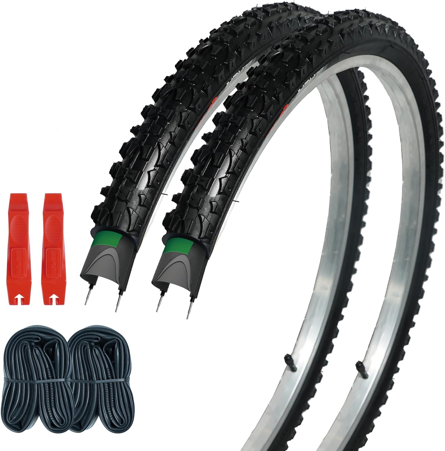 2Pack Mountain Bike Tire Replacement Kit, 20/24/26/29 Bike Tires + 2 Bike Tubes (with Puncture Sealant) + 2 Tire Levers, Folding Bike Tires with Tread Puncture Protection for On or Off-Road Use