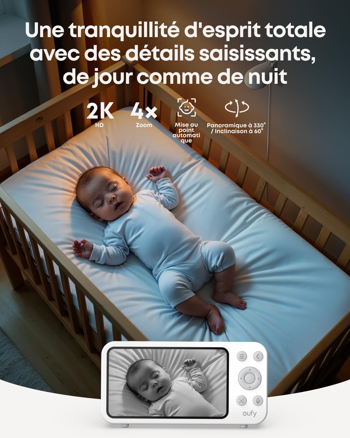 Babyphone eufy E20 avec caméra 2K HD, écran 5" 720p, avec ou sans Wi-FI, contrôle Via l'application ou Le Moniteur, Panorama-Inclinaison, Zoom x 4, caméra Portable avec Batterie intégrée, alertes