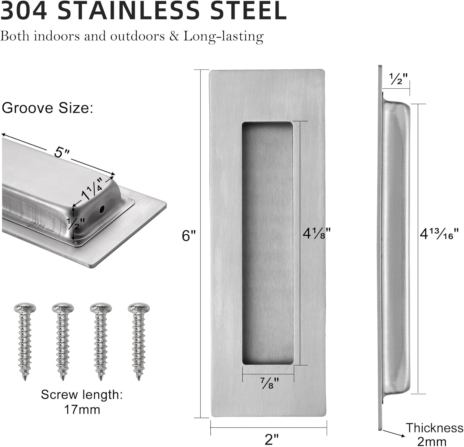 6 Inch Recessed Pocket Door Pull, Stainless Steel Rectangular Finger Flush Puls for Sliding Closet Barn Door Handle Rectangular Door Hardware (Brushed Steel, 4 Pack)