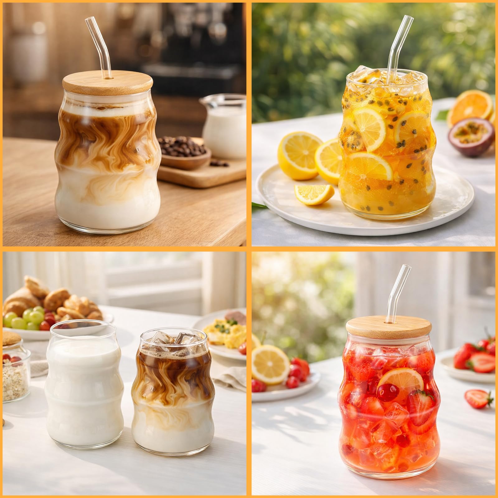 Set di 2 Bicchieri a Bolle in Vetro Ondulato 530 ml con Coperchio, Cannuccia in Vetro e Spazzola, Ideali per Latte Macchiato, Cappuccino, Caffè Freddo e Cocktail