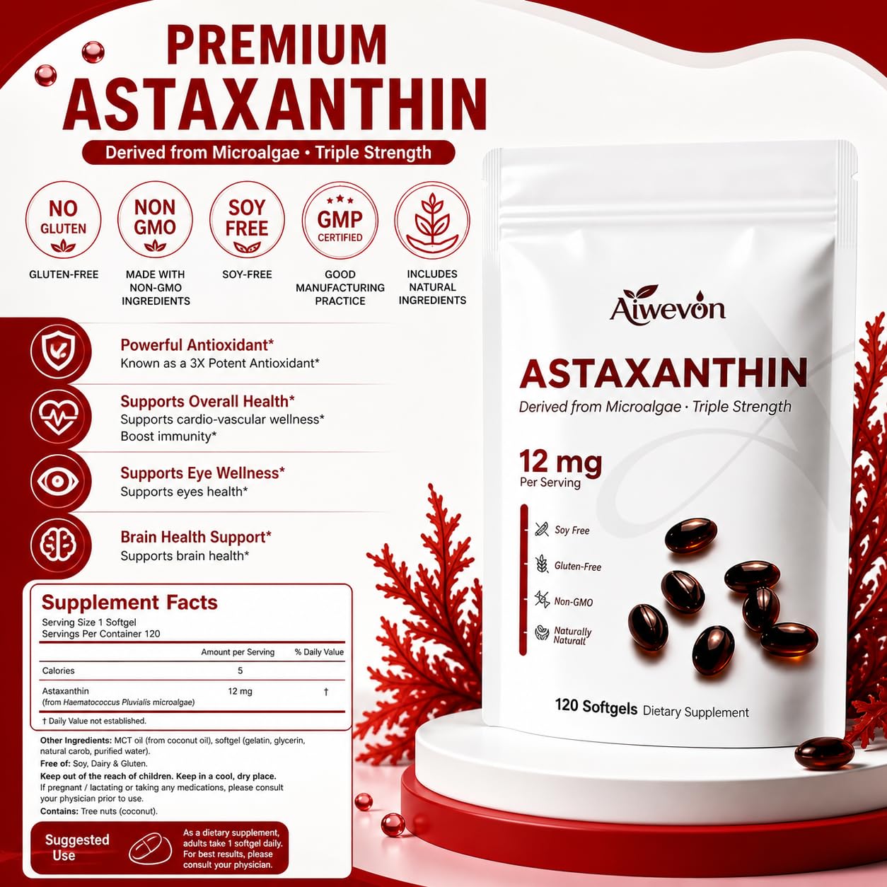Natural Astaxanthin 12mg 120 Softgels Supplement, Microalgae Derived Astaxanthin with MCT Oil for Enhanced Absorption, Antioxidant Support for Skin Eye Heart Joint Wellness, Non-GMO Gluten Free — Amazon image 7