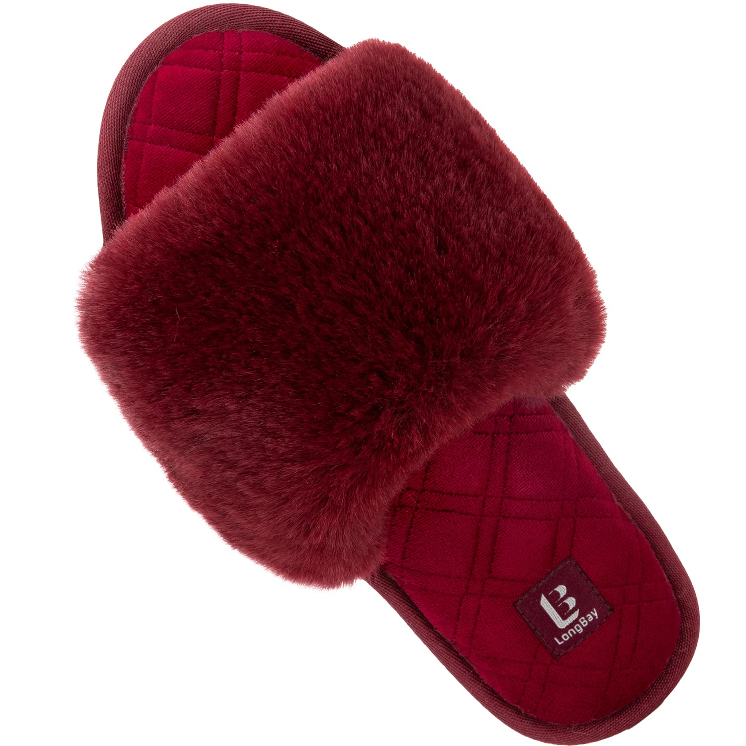 LongBay Women's Fuzzy Faux Fur Memory Foam Cozy Flat Spa Slide Slippers Comfy Open Toe Slip On House Shoes Sandals