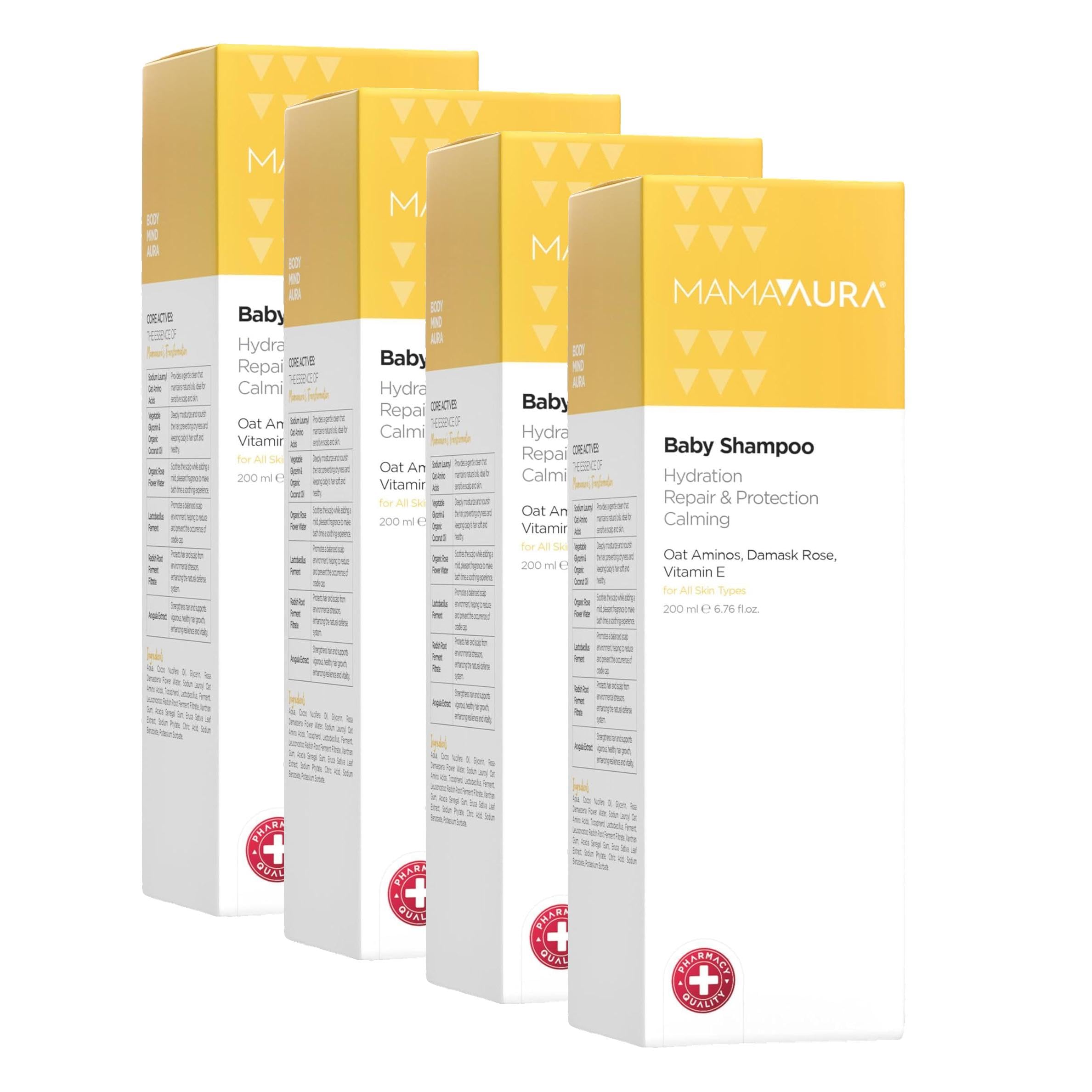 Mamaaura Baby Shampoo, Yenidoğanlar İçin Nazik Temizleyici, Göz Çevresine Uygun ve Konak Görünümünü Azaltmaya Yardımcı Bebek Şampuanı, 200 ml (4 paketi)