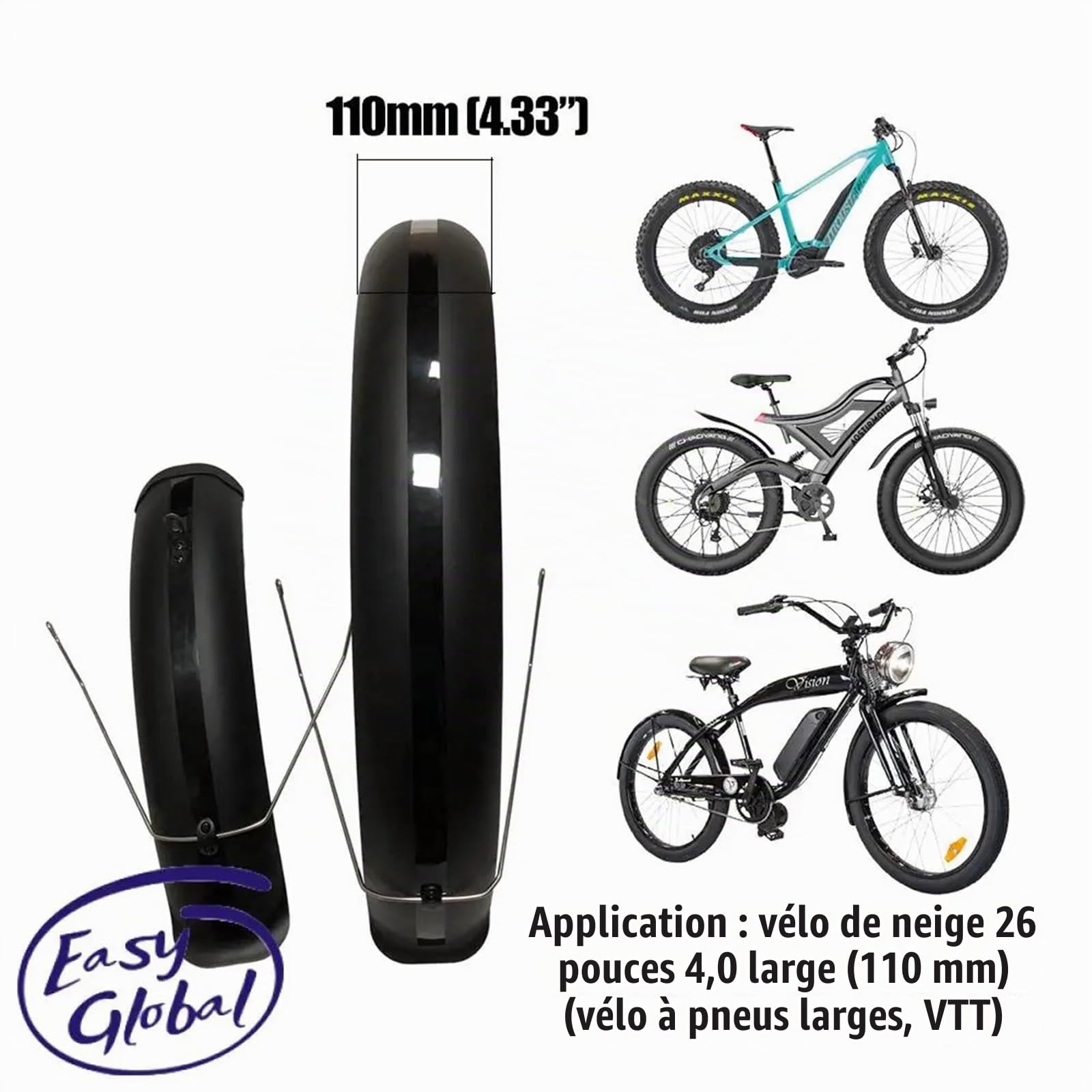 Garde Boue pour vélo Jeu de Garde-Boue de vélo 20x4.0 inch Larges Garde-Boue Avant arrière VTT Tout-Terrain Gros Pneu Ailes de vélo Couverture complète vélo Plastique (Color : A Pair Black)