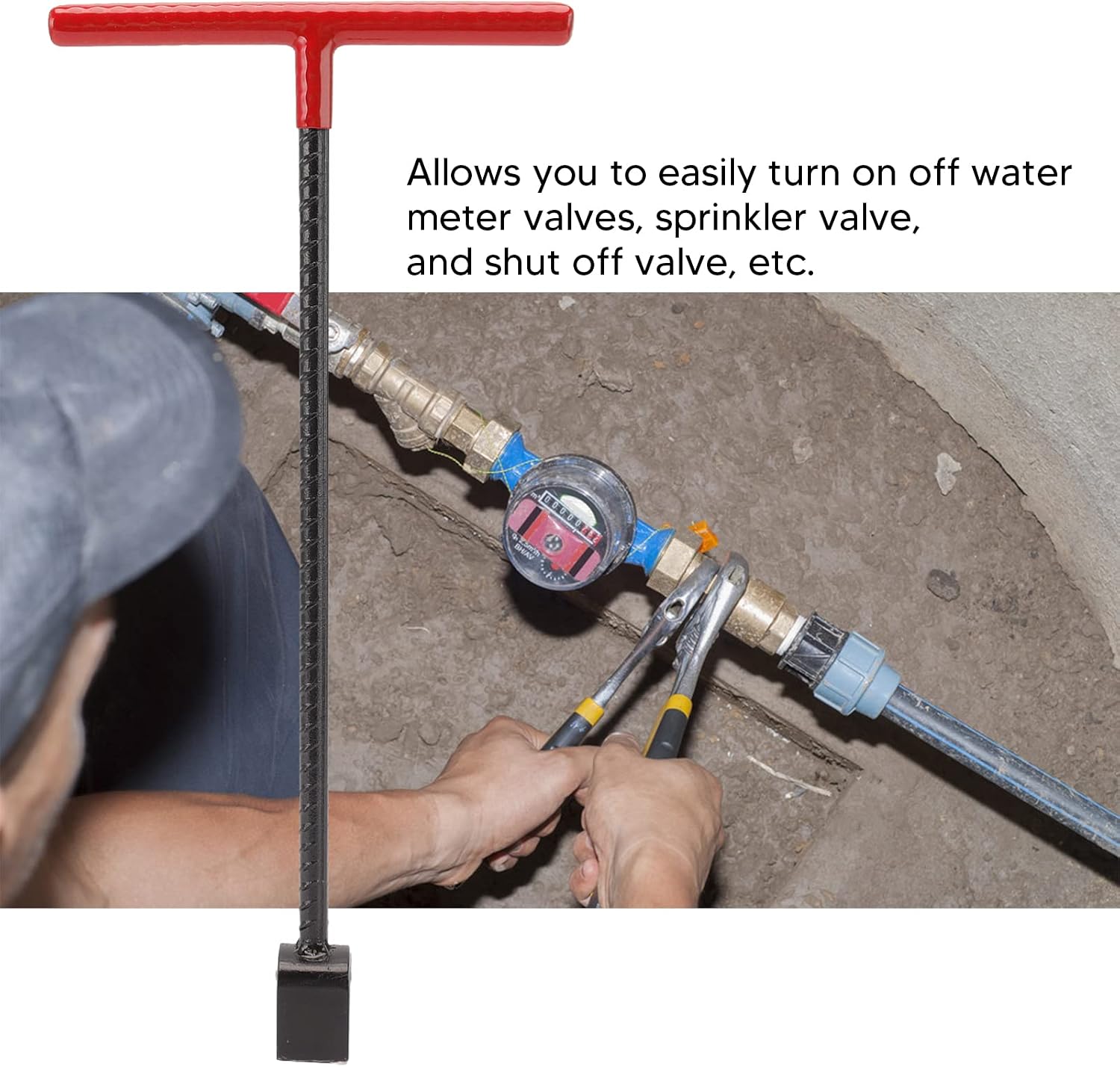 Septpenta Steel Water Meter Key, Water Shut Off Tool, Comes with 4 Way Utility Key, T Handle Ergonomic Design, Curb Valve Key Wrench Tool for Turn on Off Water Meter Valves(Red)