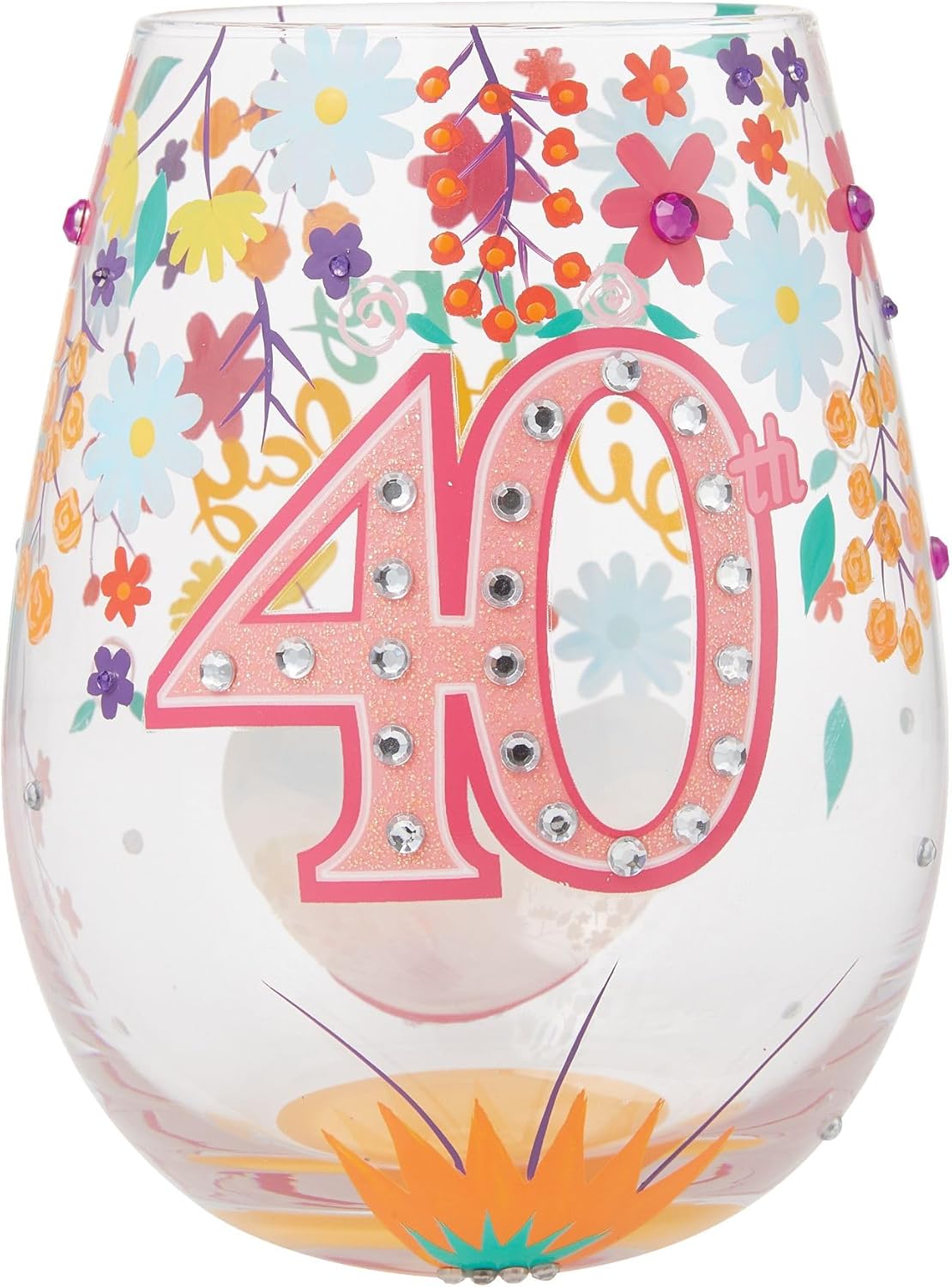 Enesco Lolita Designs Happy 40th Birthday Hand-Painted Artisan Stemless Wine Glass, 20 Ounce, Multicolor
