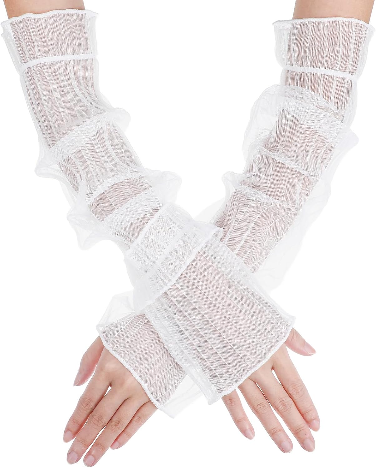 Telooco Long White Wedding Gloves Sheer Long Tulle Sleeves Sheer Mesh Bridal Fingerless Gloves for Women Wedding Bridal Dance Party (White)