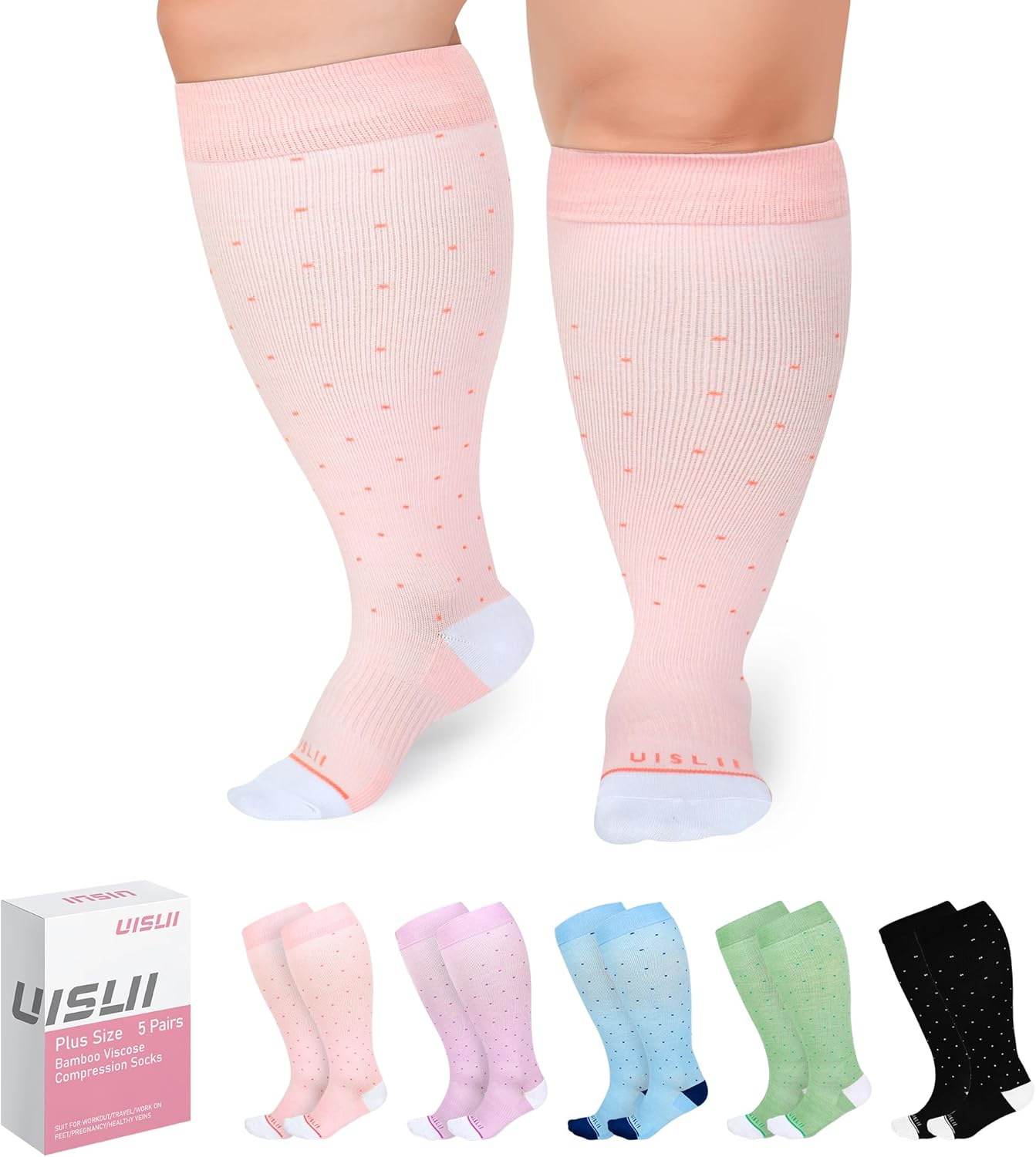 plus size compression socks wide calf women men,5 pairs 20-30mmhg extra width calf viscose knee high compression socks for circulation support 2xl black/light blue/pink/purple/green