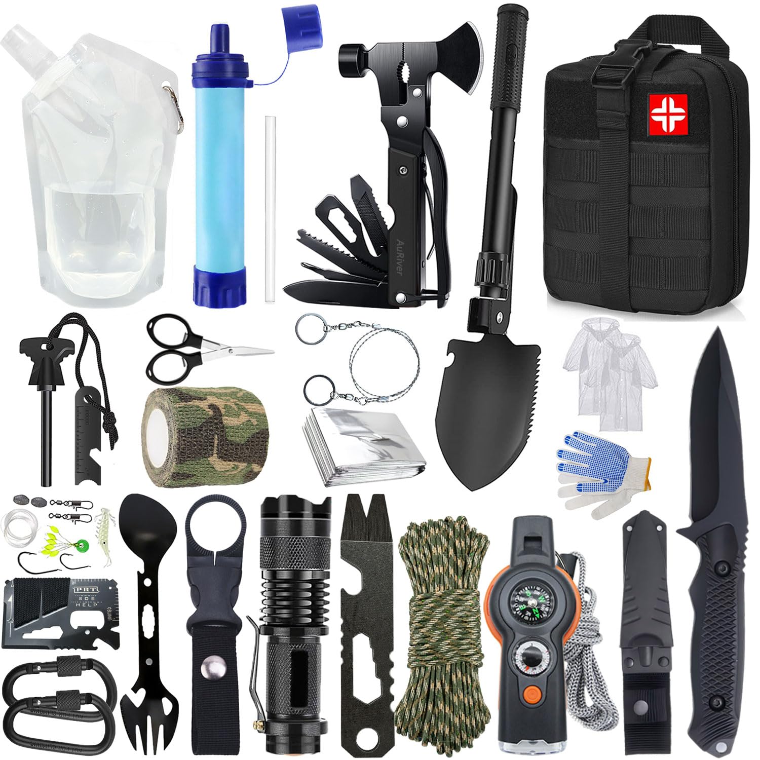 Kit di sopravvivenza 22 in 1, kit di emergenza per esterni, attrezzatura di sopravvivenza per esterni con filtro per acqua, sacca d'acqua per campeggio, avventura, escursionismo (Nero)