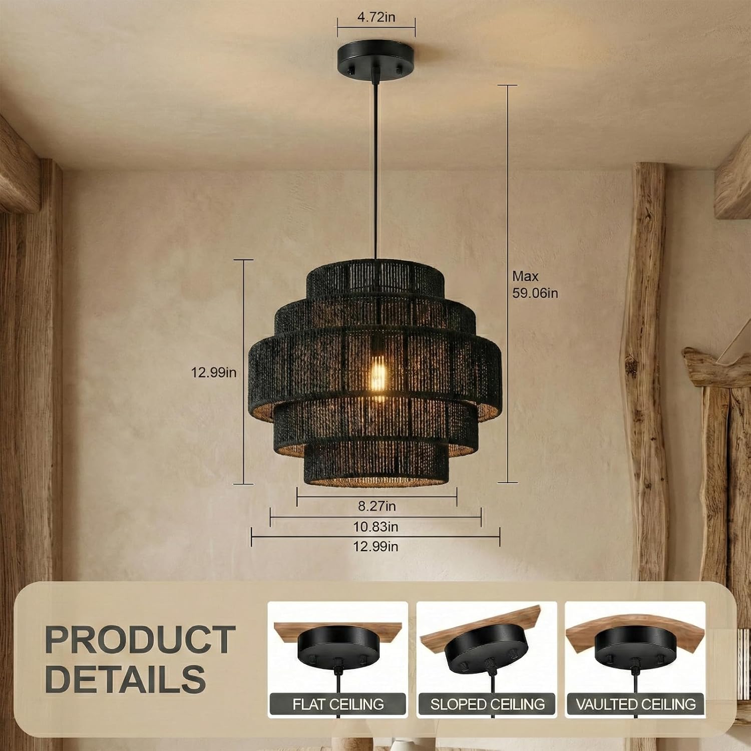 5-Tier Ratten Pendant Light, 13" Paper Rope Hand-Woven Chandelier, Black Adjustable Modern Farmhouse Hanging Ceiling Light Fixture for Kitchen Island/Dining Room/Bedroom/Foyer,No Bulb, Black