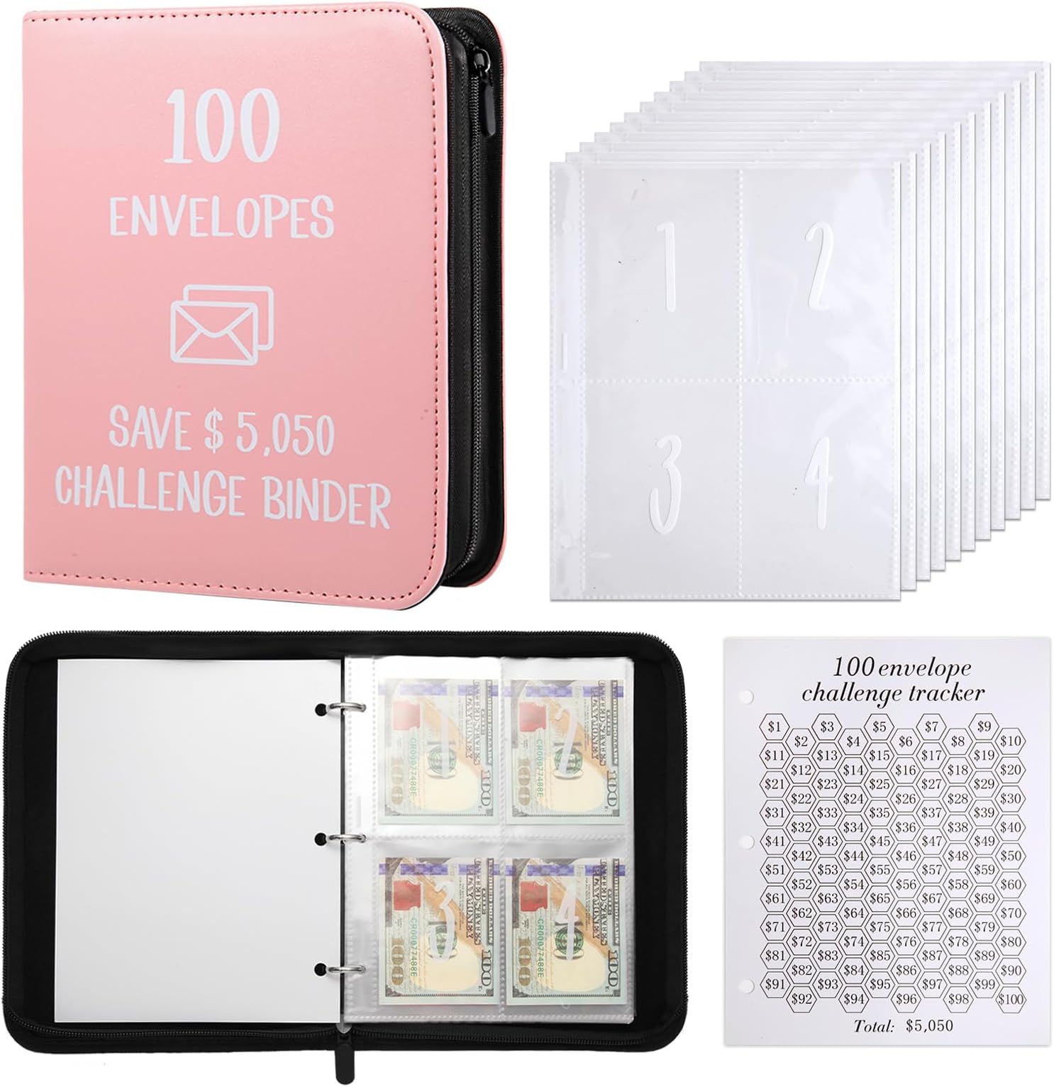 100 Enveloppes Money Saving Challenge - Organisateur Budgétaire, Défi Épargne 50/50, 500, 10000