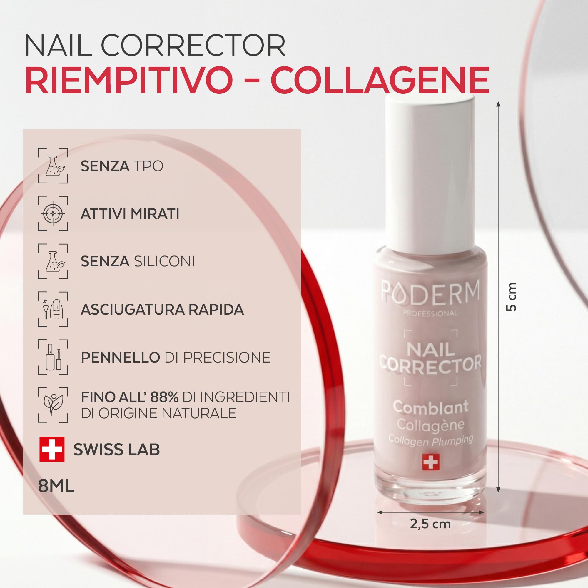 PODERM Smalto Trattamento Correttore & Perfezionatore – Collagene | Leviga, Attenua e Riempie Striature con Finish Gel Naturale – 8ml | Unghia Protetta Uniforme | Sviluppato da un Podologo in Svizzera