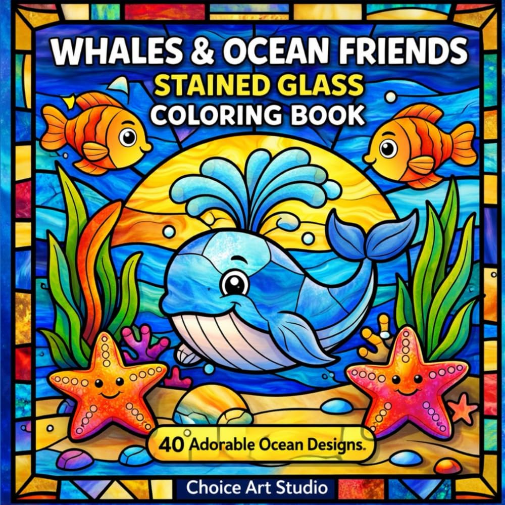 Whales & Ocean Friends Stained Glass Coloring Book for Kids Ages 4-10: 40 Adorable Ocean Designs | Fun Sea Animals Coloring Pages | Perfect Gift for Kids Who Love Marine Life