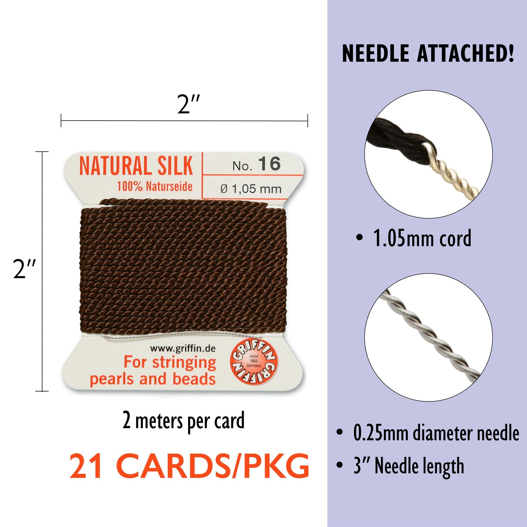 Griffin Perlseide Cordon de perles en soie - Taille 16 (1,05 mm) - 21 couleurs - 2 mètres par carte - Aiguille en acier inoxydable attachée - pour nouer des perles, pierres précieuses, cristaux et