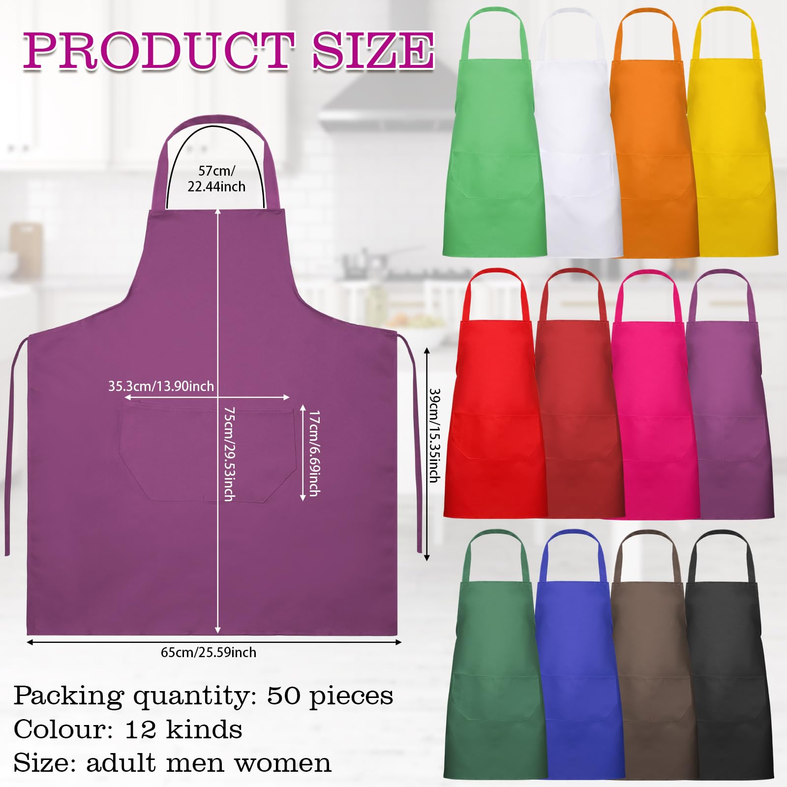 Bonuci Delantal liso unisex con 2 bolsillos para cocinar, para mujeres adultas, chef, cocina, Varios colores, 25.59 x 29.53 inches