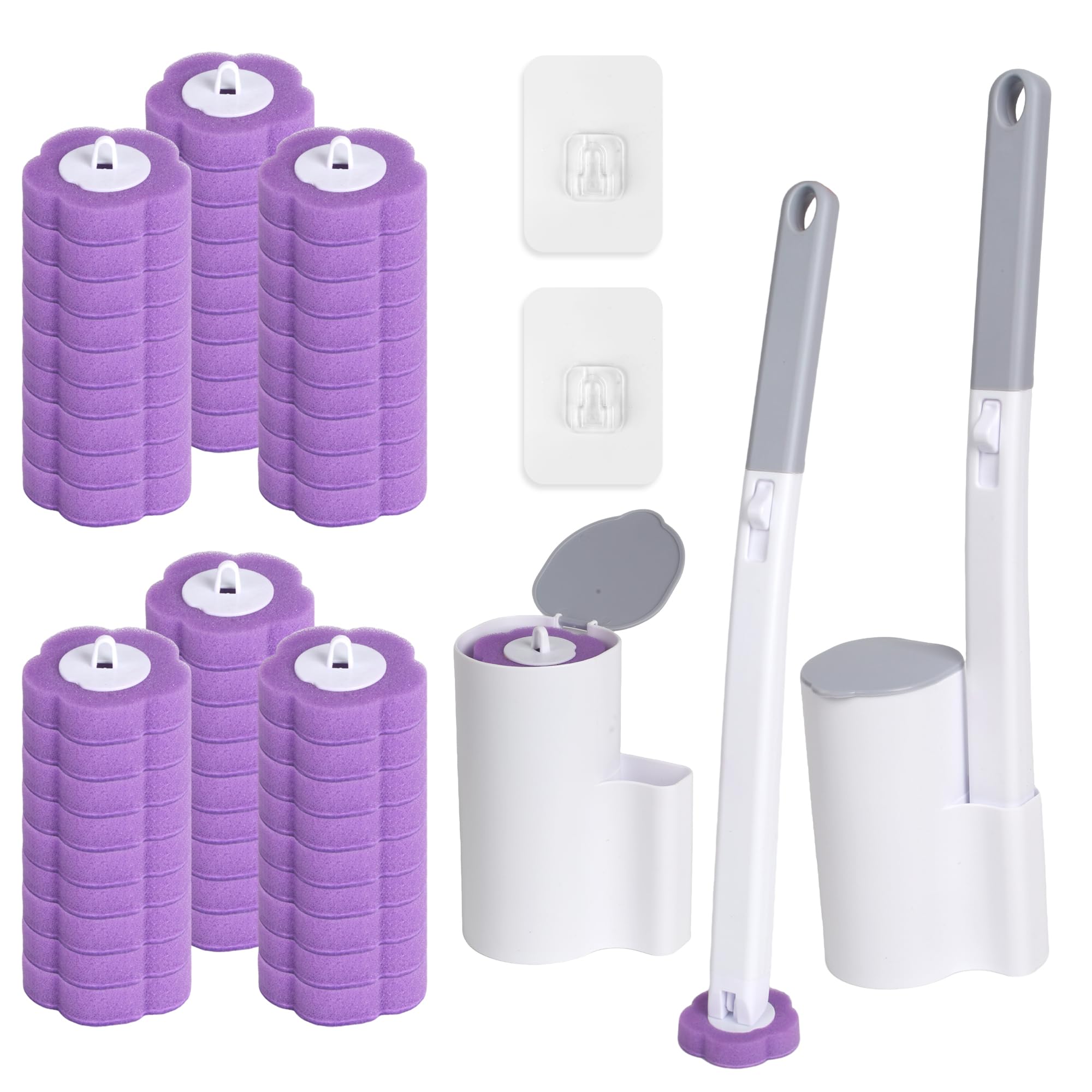 Monouso Scopino Bagno WC, confezione da 2 con manico estensibile e supporto. Spazzolone Bagno WC, fornito con 54 ricariche per la pulizia di bagni, vasche da bagno, lavandini e pavimenti (Viola)