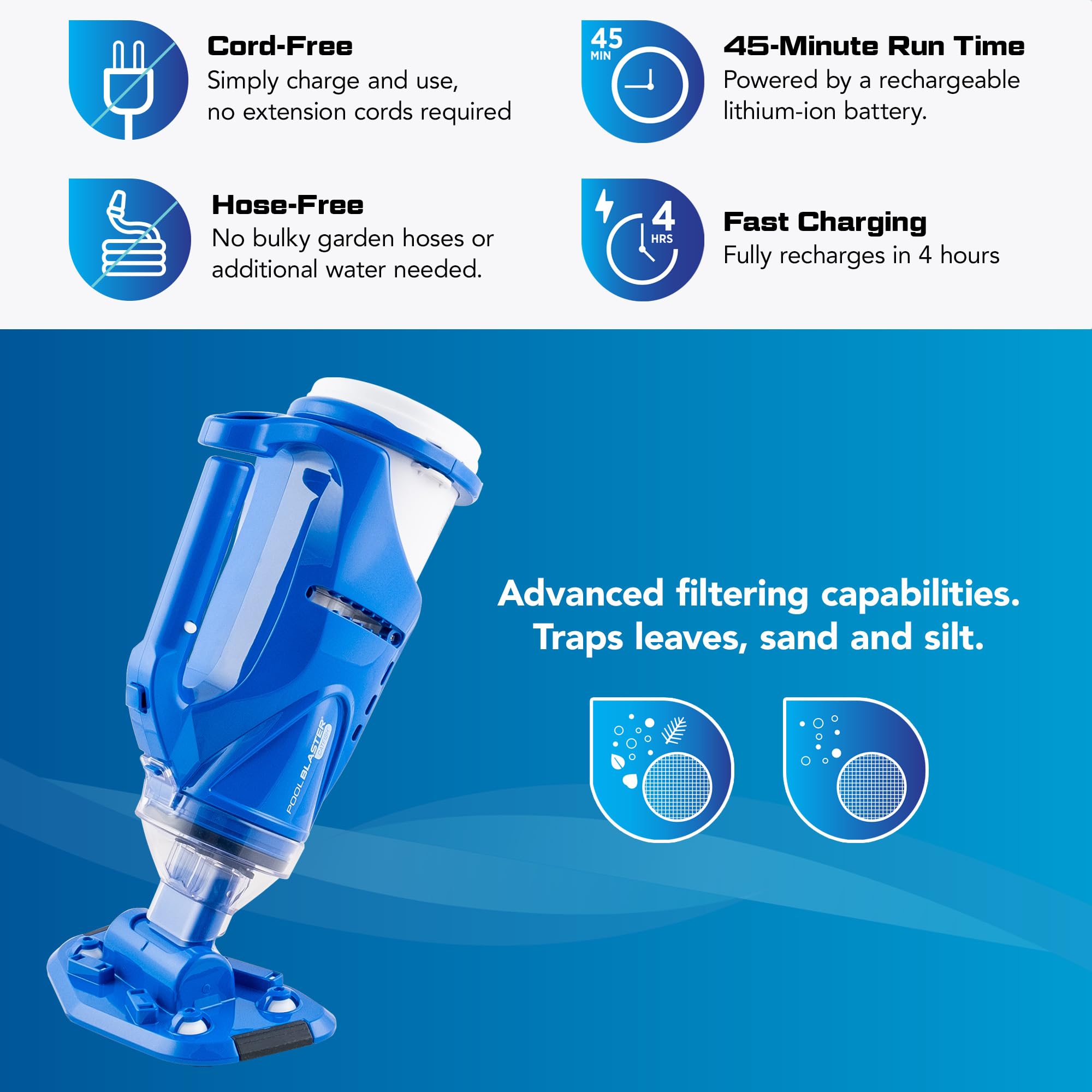 POOL BLASTER Catfish (2da Generación) Aspirador Inalámbrico para SPA y Jacuzzi, Más Potencia y Capacidad, 45 Min de Autonomía, Limpieza Puntual para Piscinas Desmontables Pequeñas, Recargable